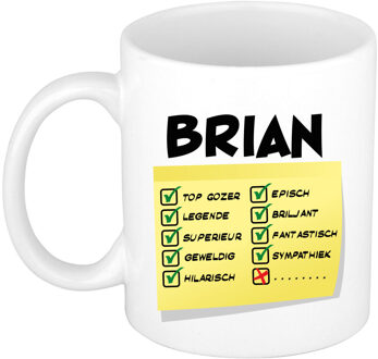 Bellatio Decorations Naam mok Brian - wit - top gozer - keramiek - 300 ml - cadeau collega beker Geel