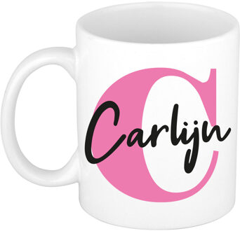 Bellatio Decorations Naam mok Carlijn - roze - wit - keramiek - 300 ml - verjaardag/cadeau beker Fuchsia