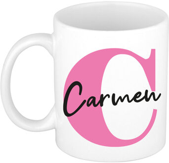 Bellatio Decorations Naam mok Carmen - roze - wit - keramiek - 300 ml - verjaardag/cadeau beker