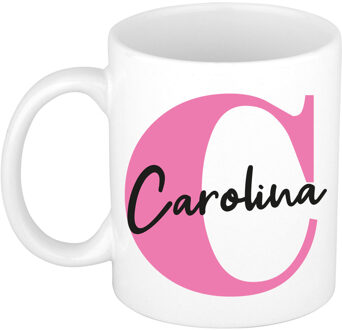 Bellatio Decorations Naam mok Carolina - roze - wit - keramiek - 300 ml - verjaardag/cadeau beker Fuchsia