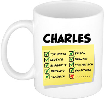 Bellatio Decorations Naam mok Charles - wit - top gozer - keramiek - 300 ml - cadeau collega beker