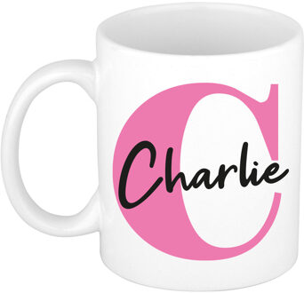 Bellatio Decorations Naam mok Charlie - roze - wit - keramiek - 300 ml - verjaardag/cadeau beker Fuchsia