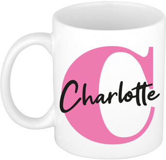 Bellatio Decorations Naam mok Charlotte - roze - wit - keramiek - 300 ml - verjaardag/cadeau beker Fuchsia