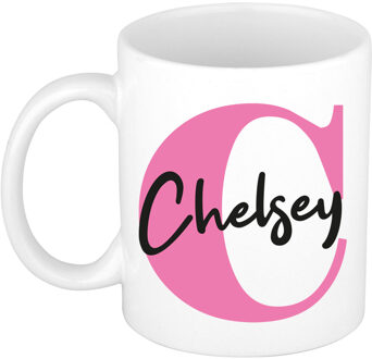 Bellatio Decorations Naam mok Chelsey - roze - wit - keramiek - 300 ml - verjaardag/cadeau beker Fuchsia