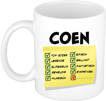 Bellatio Decorations Naam mok Coen - wit - top gozer - keramiek - 300 ml - cadeau collega beker