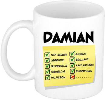 Bellatio Decorations Naam mok Damian - wit - top gozer - keramiek - 300 ml - cadeau collega beker