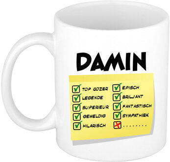 Bellatio Decorations Naam mok Damin - wit - top gozer - keramiek - 300 ml - cadeau collega beker