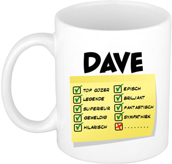 Bellatio Decorations Naam mok Dave - wit - top gozer - keramiek - 300 ml - cadeau collega beker Geel