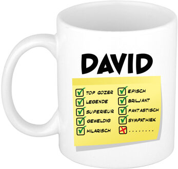 Bellatio Decorations Naam mok David - wit - top gozer - keramiek - 300 ml - cadeau collega beker Geel