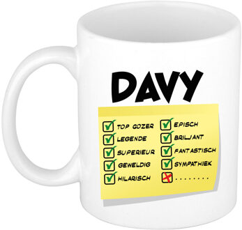 Bellatio Decorations Naam mok Davy - wit - top gozer - keramiek - 300 ml - cadeau collega beker Geel