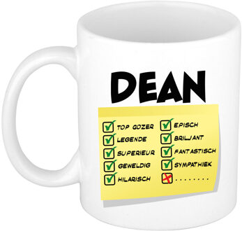 Bellatio Decorations Naam mok Dean - wit - top gozer - keramiek - 300 ml - cadeau collega beker