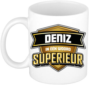 Bellatio Decorations Naam mok Deniz - wit - Superieur - keramiek - 300 ml - cadeau collega beker Bruin
