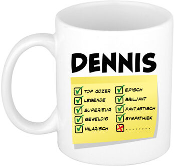 Bellatio Decorations Naam mok Dennis - wit - top gozer - keramiek - 300 ml - cadeau collega beker Geel