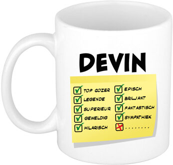 Bellatio Decorations Naam mok Devin - wit - top gozer - keramiek - 300 ml - cadeau collega beker Geel