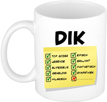 Bellatio Decorations Naam mok Dik - wit - top gozer - keramiek - 300 ml - cadeau collega beker Geel