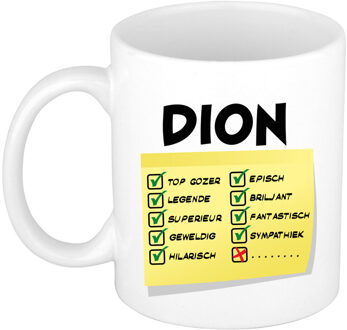 Bellatio Decorations Naam mok Dion - wit - top gozer - keramiek - 300 ml - cadeau collega beker