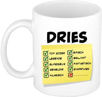 Bellatio Decorations Naam mok Dries - wit - top gozer - keramiek - 300 ml - cadeau collega beker