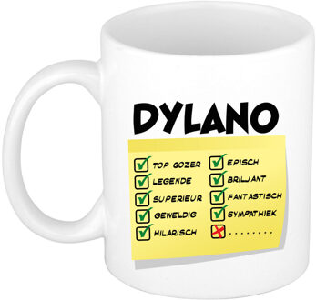 Bellatio Decorations Naam mok Dylano - wit - top gozer - keramiek - 300 ml - cadeau collega beker Geel