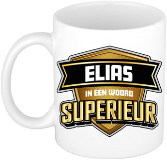 Bellatio Decorations Naam mok Elias - wit - Superieur - keramiek - 300 ml - cadeau collega beker Bruin