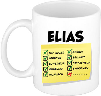 Bellatio Decorations Naam mok Elias - wit - top gozer - keramiek - 300 ml - cadeau collega beker Geel