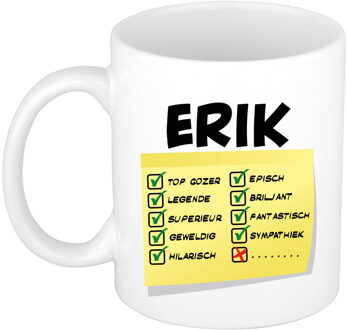 Bellatio Decorations Naam mok Erik - wit - top gozer - keramiek - 300 ml - cadeau collega beker Geel