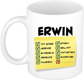 Bellatio Decorations Naam mok Erwin - wit - top gozer - keramiek - 300 ml - cadeau collega beker