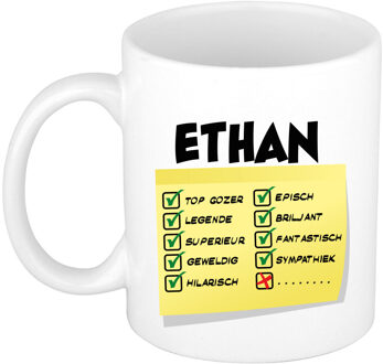 Bellatio Decorations Naam mok Ethan - wit - top gozer - keramiek - 300 ml - cadeau collega beker Geel