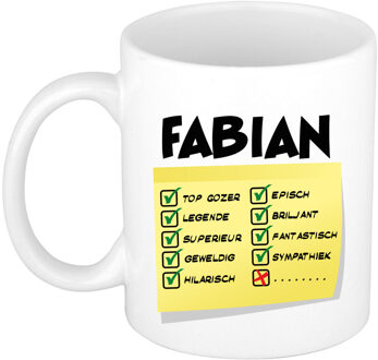 Bellatio Decorations Naam mok Fabian - wit - top gozer - keramiek - 300 ml - cadeau collega beker Geel