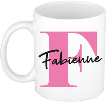Bellatio Decorations Naam mok Fabienne - roze - wit - keramiek - 300 ml - verjaardag/cadeau beker Fuchsia