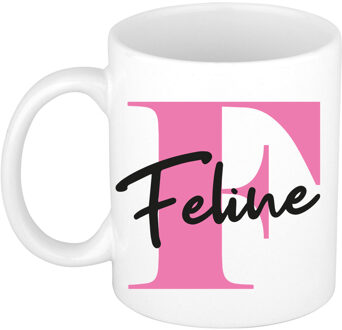 Bellatio Decorations Naam mok Feline - roze - wit - keramiek - 300 ml - verjaardag/cadeau beker Fuchsia