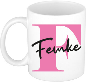 Bellatio Decorations Naam mok Femke - roze - wit - keramiek - 300 ml - verjaardag/cadeau beker Fuchsia