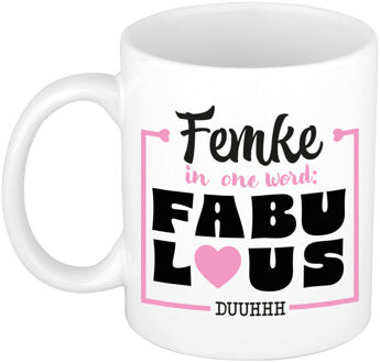 Bellatio Decorations Naam mok Femke - wit - Fabulous - keramiek - 300 ml - cadeau collega beker Roze