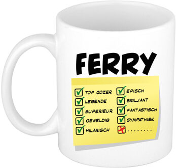 Bellatio Decorations Naam mok Ferry - wit - top gozer - keramiek - 300 ml - cadeau collega beker Geel