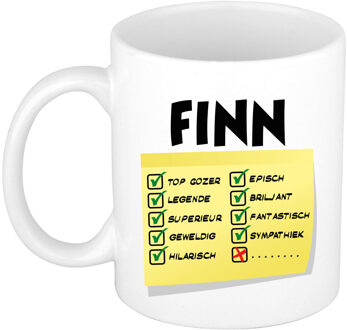 Bellatio Decorations Naam mok Finn - wit - top gozer - keramiek - 300 ml - cadeau collega beker