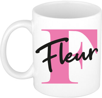 Bellatio Decorations Naam mok Fleur - roze - wit - keramiek - 300 ml - verjaardag/cadeau beker Fuchsia