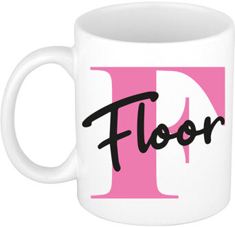 Bellatio Decorations Naam mok Floor - roze - wit - keramiek - 300 ml - verjaardag/cadeau beker
