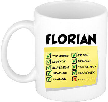 Bellatio Decorations Naam mok Florian - wit - top gozer - keramiek - 300 ml - cadeau collega beker Geel