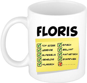 Bellatio Decorations Naam mok Floris - wit - top gozer - keramiek - 300 ml - cadeau collega beker