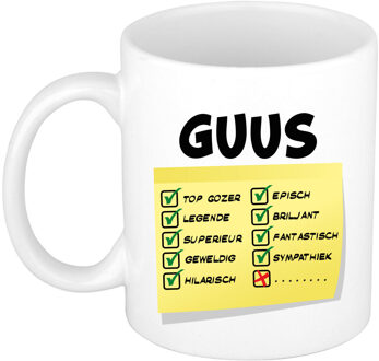 Bellatio Decorations Naam mok Guus - wit - top gozer - keramiek - 300 ml - cadeau collega beker Geel