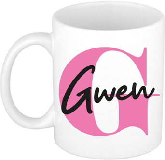 Bellatio Decorations Naam mok Gwen - roze - wit - keramiek - 300 ml - verjaardag/cadeau beker