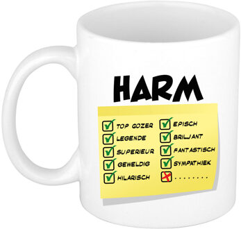 Bellatio Decorations Naam mok Harm - wit - top gozer - keramiek - 300 ml - cadeau collega beker Geel