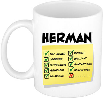 Bellatio Decorations Naam mok Herman - wit - top gozer - keramiek - 300 ml - cadeau collega beker