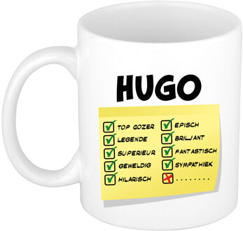 Bellatio Decorations Naam mok Hugo - wit - top gozer - keramiek - 300 ml - cadeau collega beker Geel