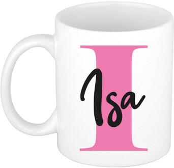 Bellatio Decorations Naam mok Isa - roze - wit - keramiek - 300 ml - verjaardag/cadeau beker