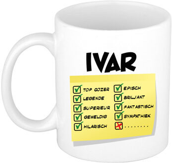 Bellatio Decorations Naam mok Ivar - wit - top gozer - keramiek - 300 ml - cadeau collega beker Geel