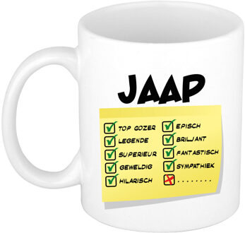 Bellatio Decorations Naam mok Jaap - wit - top gozer - keramiek - 300 ml - cadeau collega beker Geel