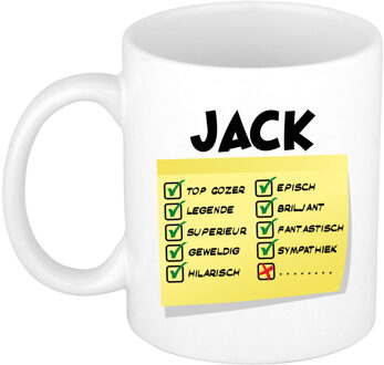 Bellatio Decorations Naam mok Jack - wit - top gozer - keramiek - 300 ml - cadeau collega beker Geel