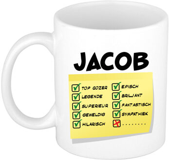 Bellatio Decorations Naam mok Jacob - wit - top gozer - keramiek - 300 ml - cadeau collega beker Geel