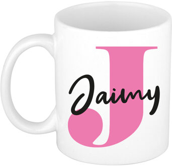 Bellatio Decorations Naam mok Jaimy - roze - wit - keramiek - 300 ml - verjaardag/cadeau beker Fuchsia