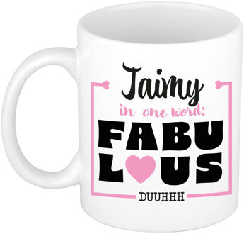 Bellatio Decorations Naam mok Jaimy - wit - Fabulous - keramiek - 300 ml - cadeau collega beker Roze